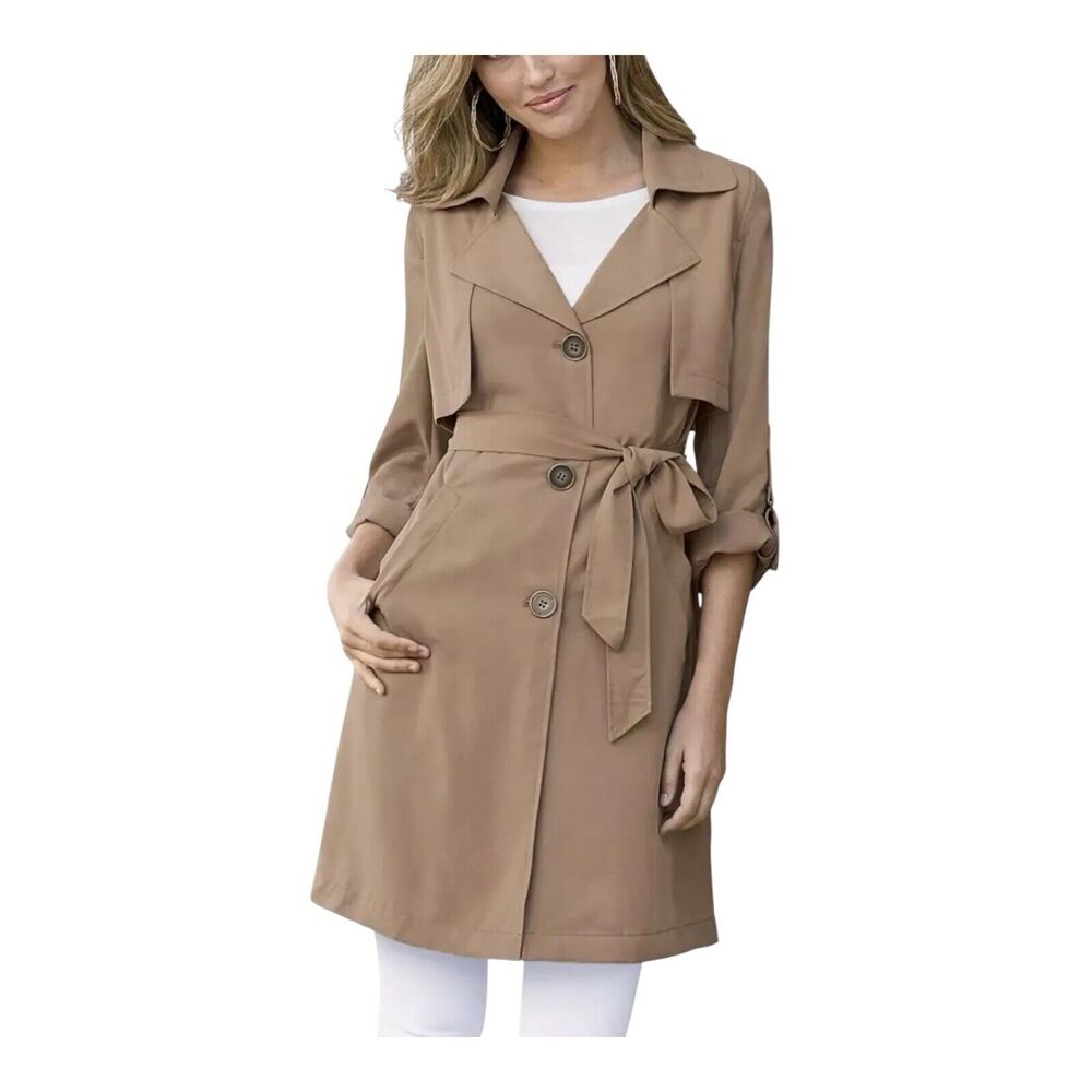 3/$15 Lyocell Roll Tab Sleeve Light Jacket Monroe & Main Tan Belted Trench
